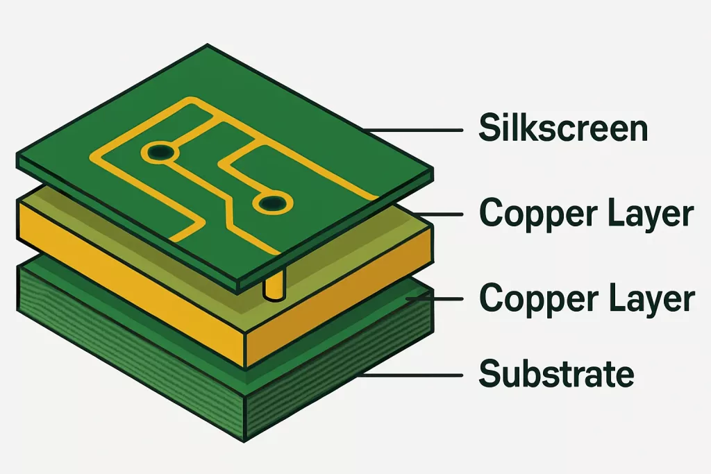 ساختار لایه های PCB شامل مس دی الکتریک ماسک و سیلک