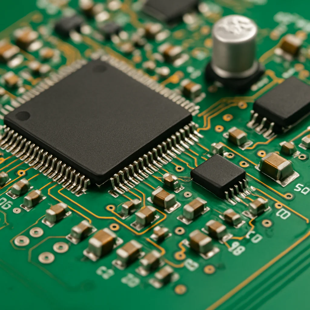 نمونه برد مدار چاپی PCB با قطعات و مسیرهای الکترونیکی
